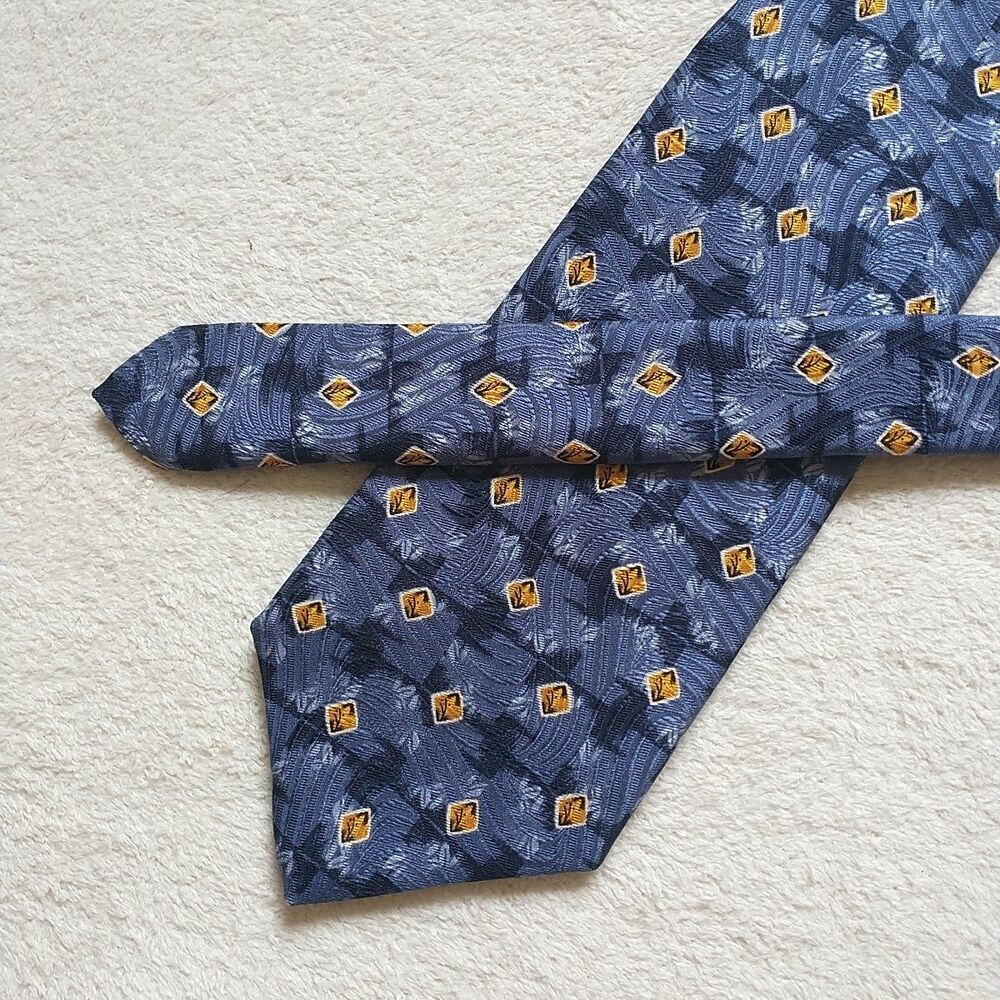 Robert Talbott Studio Necktie Tie Silk Geometric Blue Gold USA 4x59"